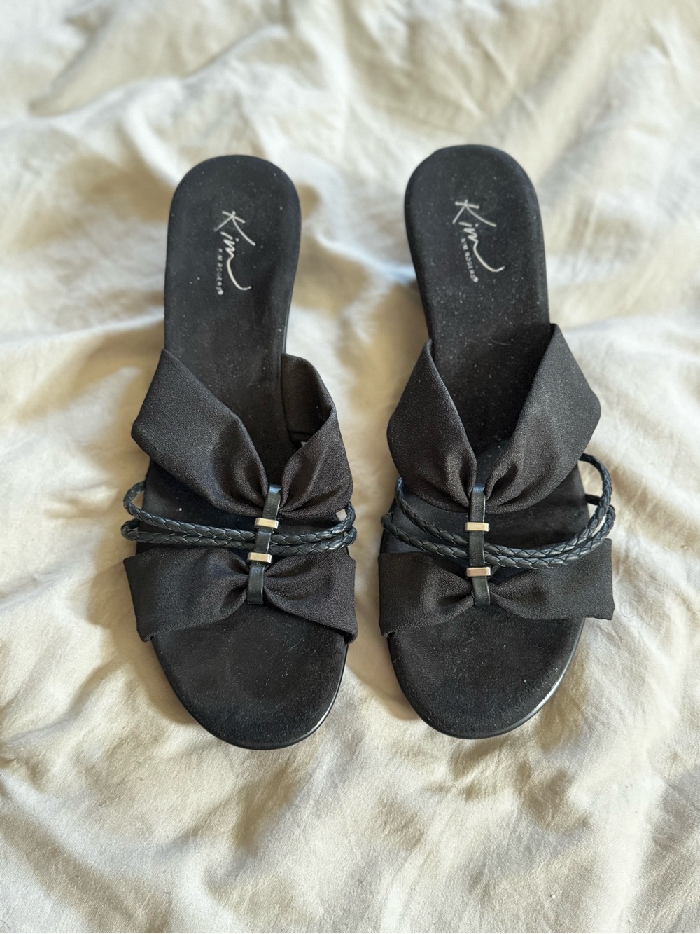 Kim Rogers Black Bow Slide Sandals with Braided Straps